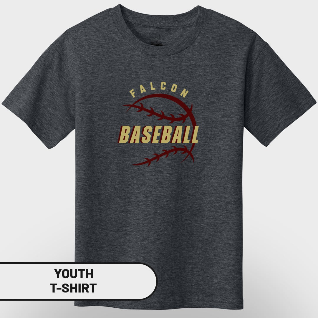 Youth t-shirt with "FALCON BASEBALL" text and baseball graphic.
