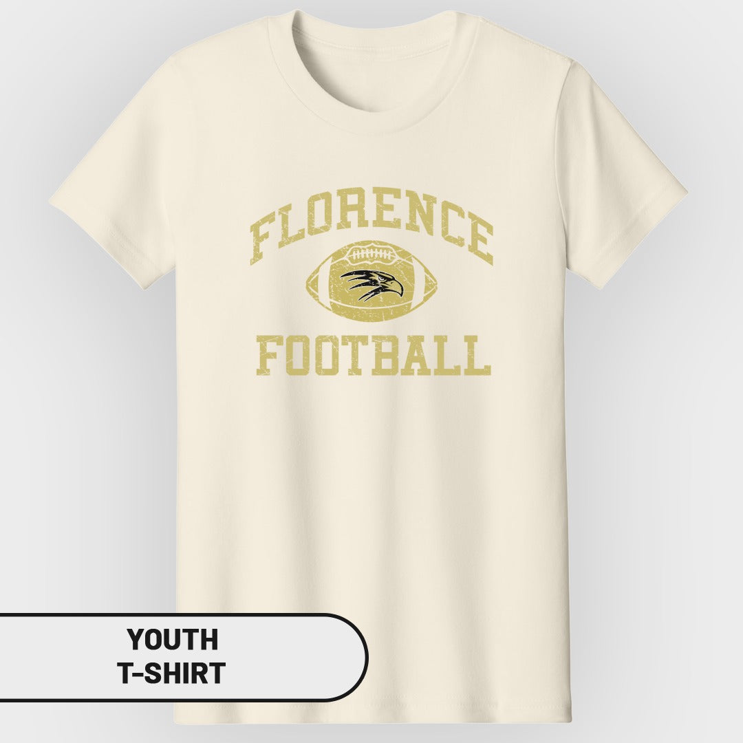 Cream youth t-shirt with distressed "Florence Football" graphic and eagle logo.