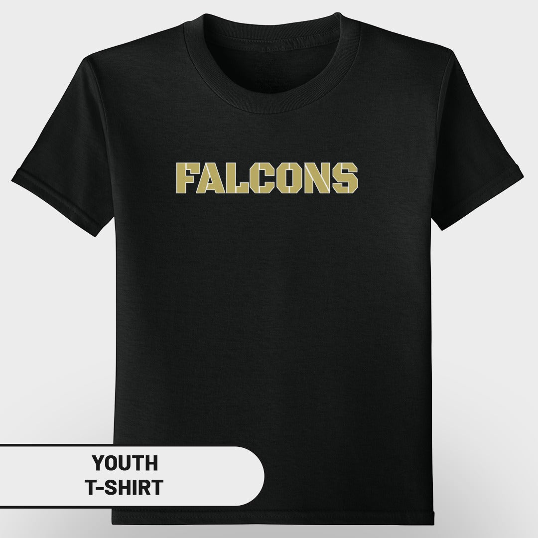 Black youth t-shirt with "FALCONS" printed in gold lettering.
