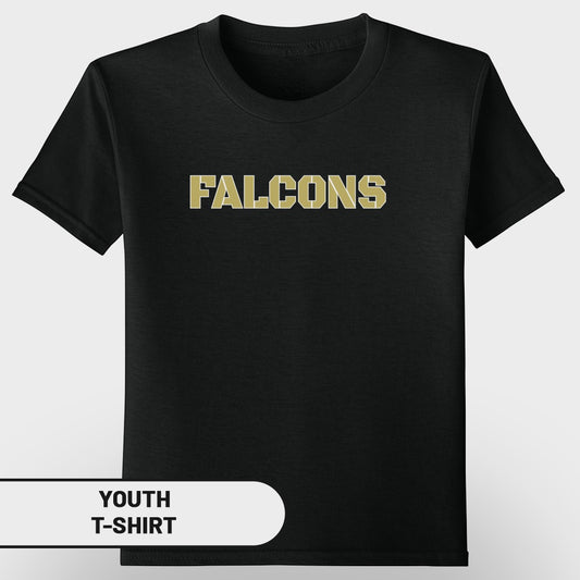 Black youth t-shirt with "FALCONS" printed in gold lettering.