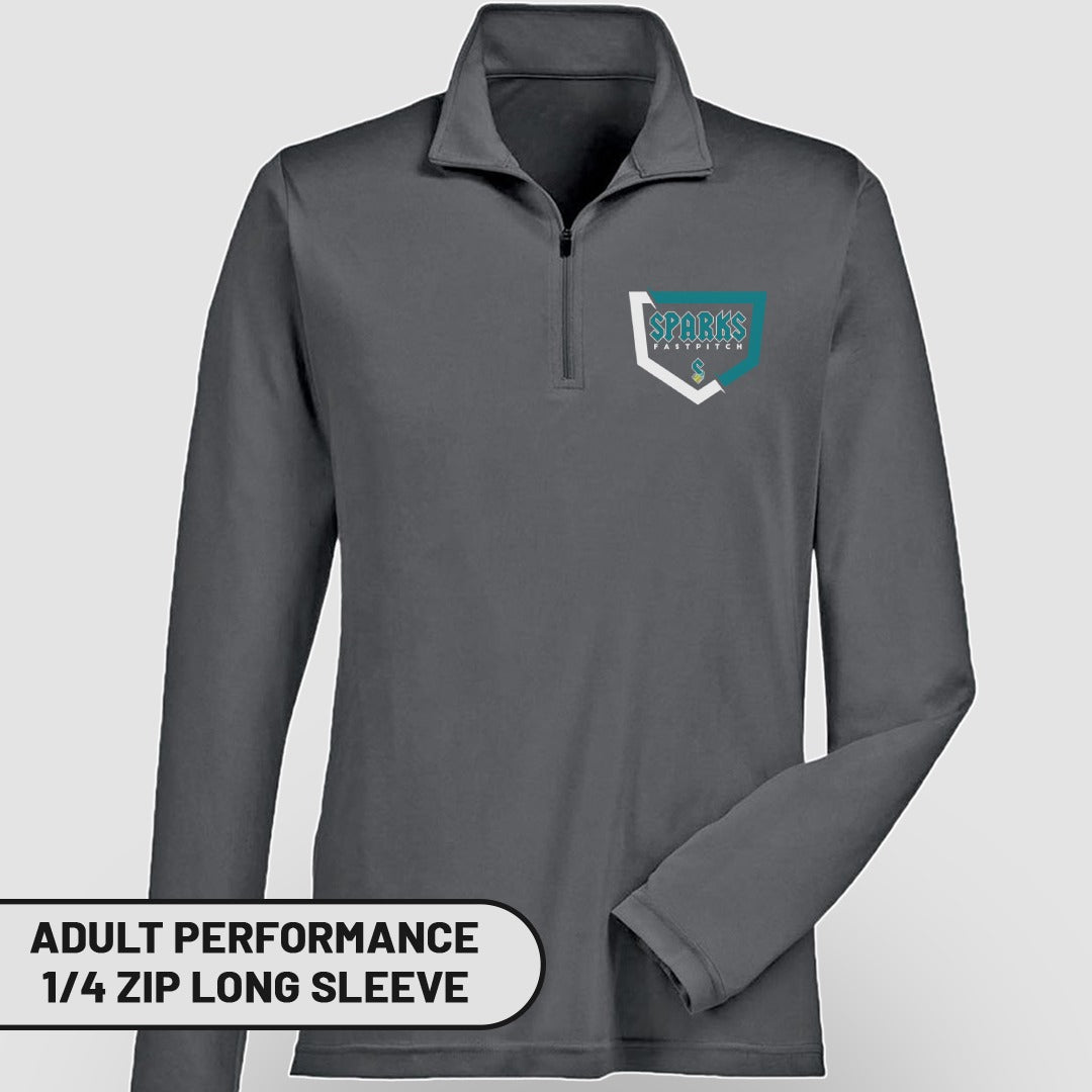 Dark grey adult long-sleeve quarter-zip shirt with Sparks Fastpitch logo.
