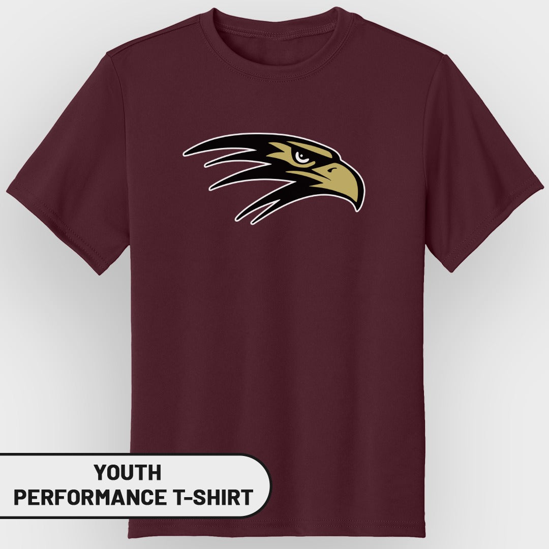 Maroon youth performance t-shirt with a black and gold eagle logo.