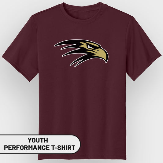 Maroon youth performance t-shirt with a black and gold eagle logo.