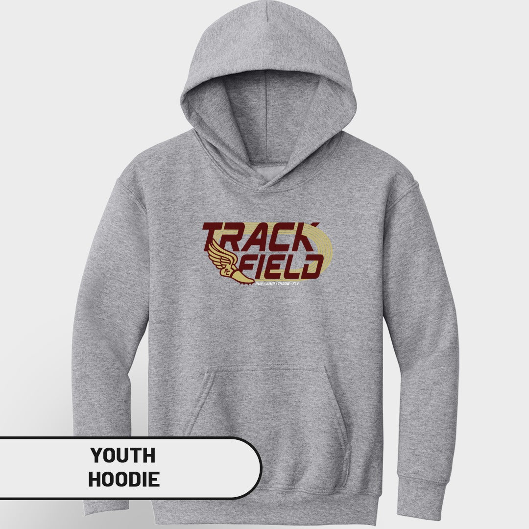 Grey youth hoodie with "TRACK FIELD" text and winged emblem.