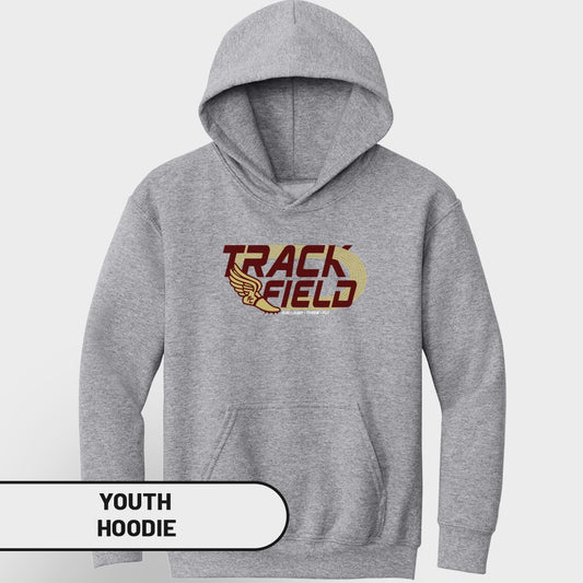 Grey youth hoodie with "TRACK FIELD" text and winged emblem.