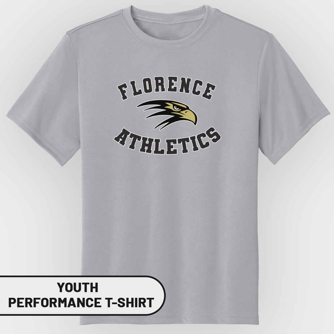 Gray youth performance t-shirt with Florence Athletics eagle logo and text.