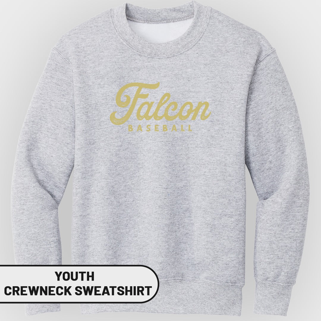Light grey youth crewneck sweatshirt with "Falcon BASEBALL" printed on the chest.