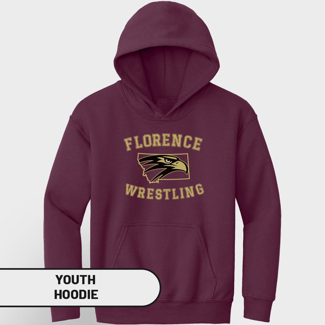 Maroon youth hoodie with "Florence Wrestling" and eagle graphic.