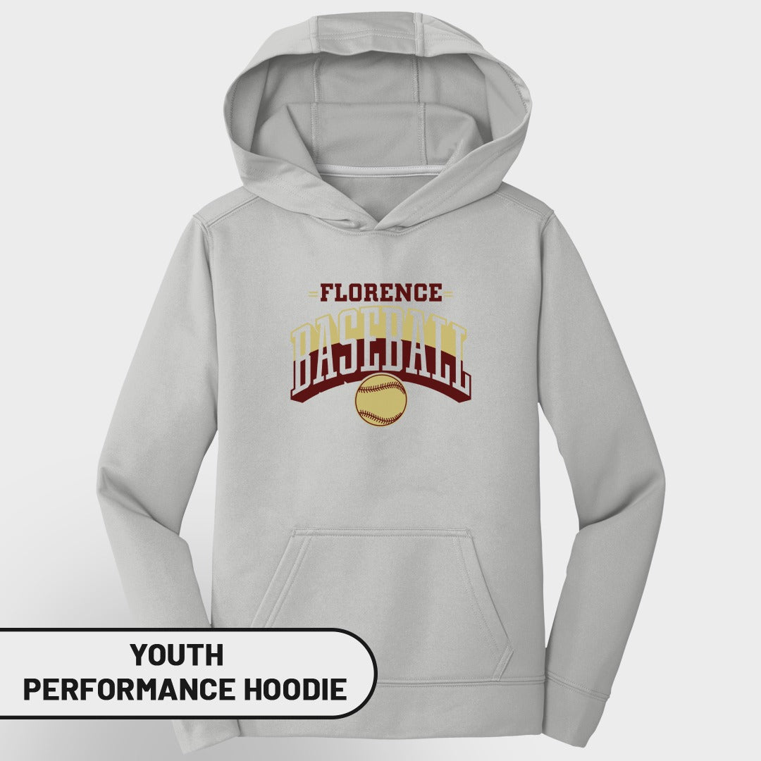 Light gray youth performance hoodie with Florence Baseball graphic and softball.