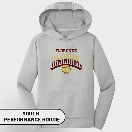 Light gray youth performance hoodie with Florence Baseball graphic and softball.