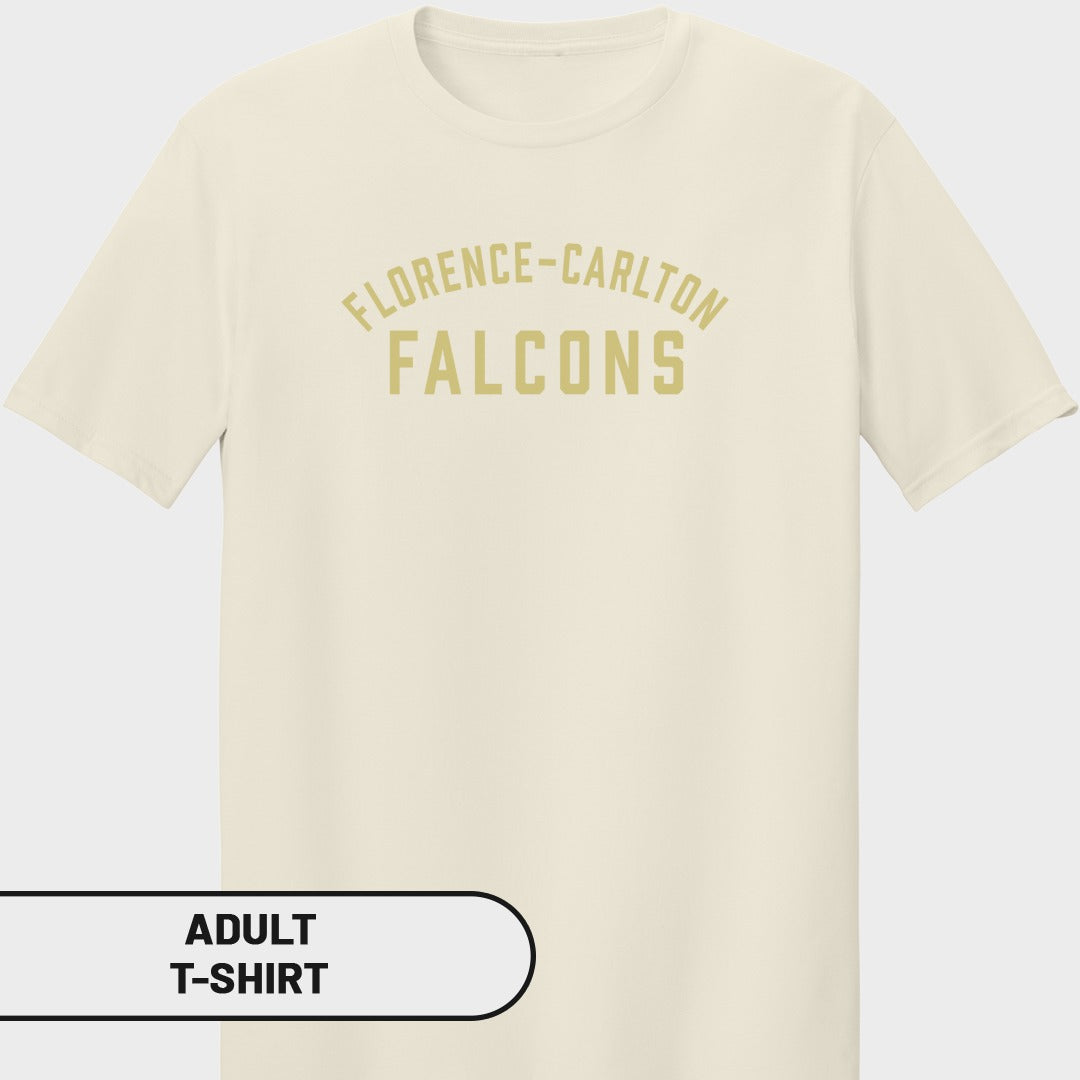 Cream t-shirt with "Florence-Carlton Falcons" text in gold.