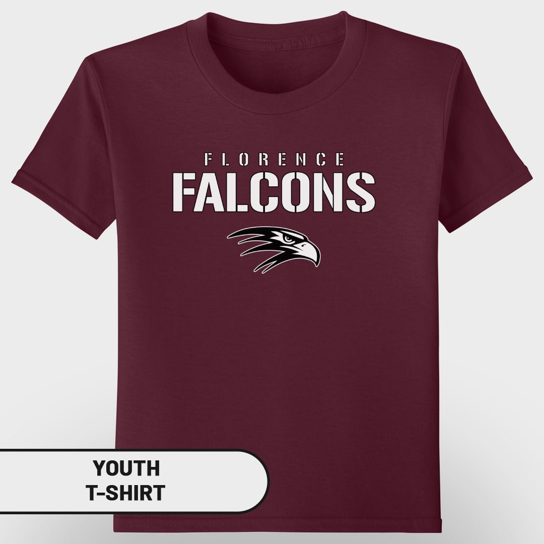 Maroon youth t-shirt with "Florence Falcons" text and falcon logo.
