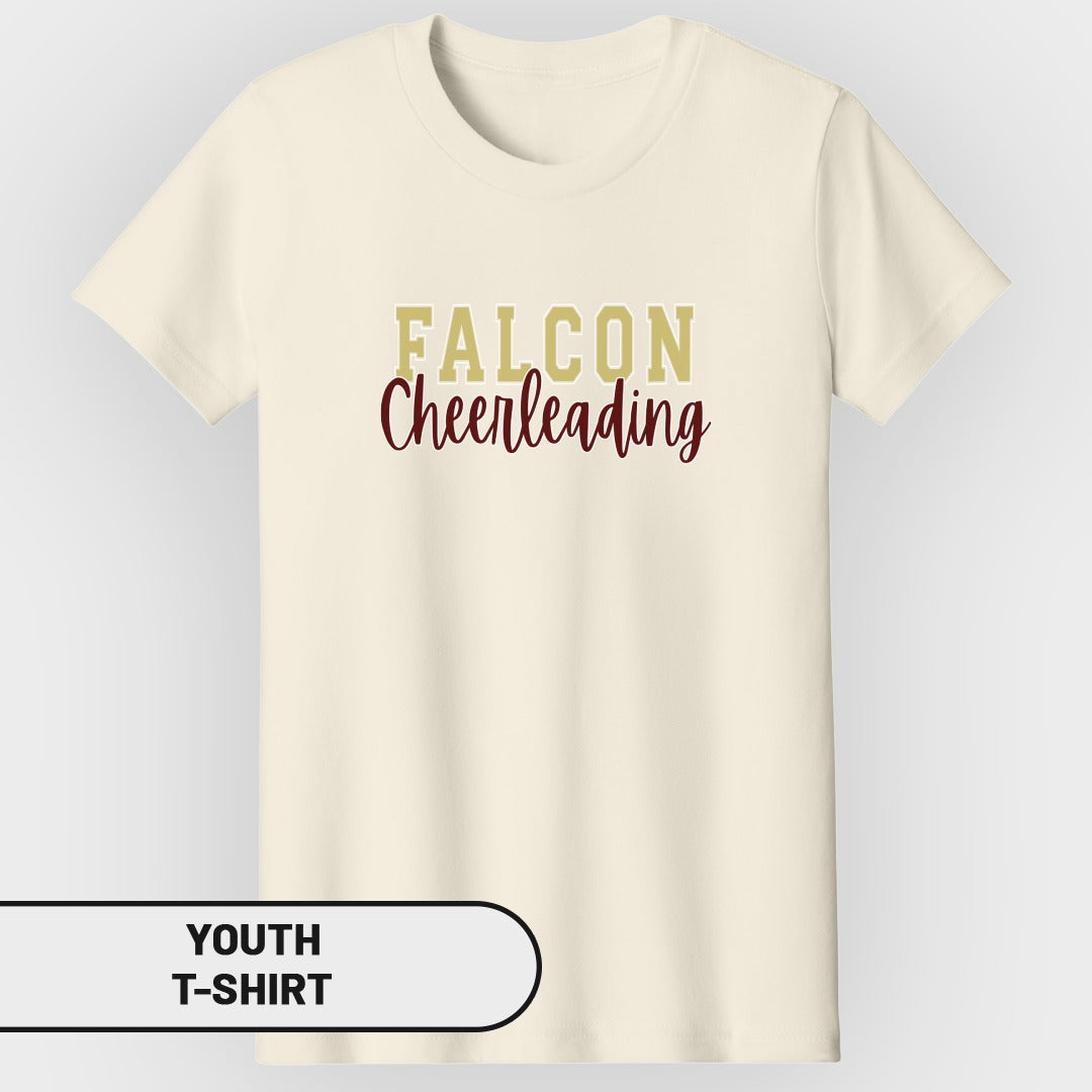 Cream youth t-shirt with "FALCON Cheerleading" text in gold and burgundy.