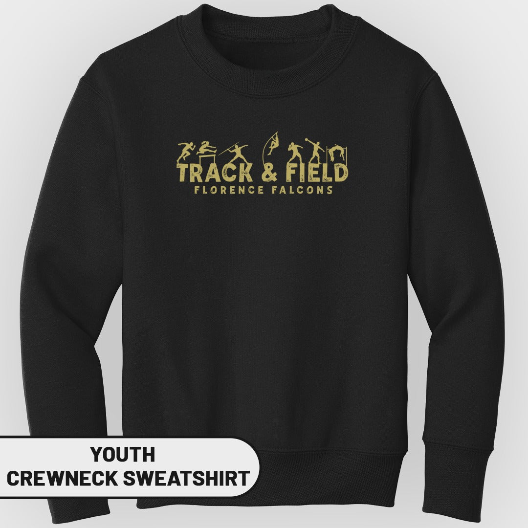 Black youth crewneck sweatshirt with gold track and field graphic and text.