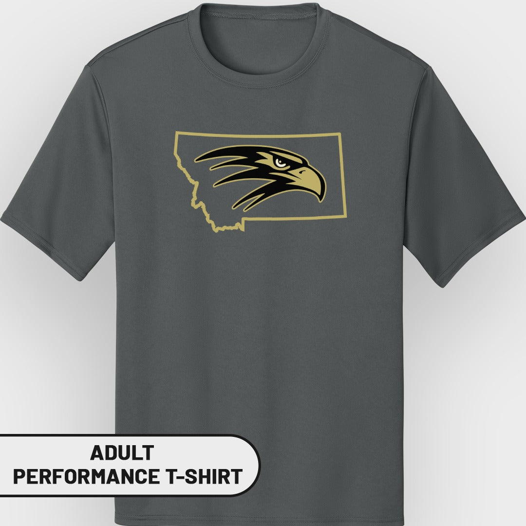 Gray adult performance t-shirt with Montana outline and hawk logo.
