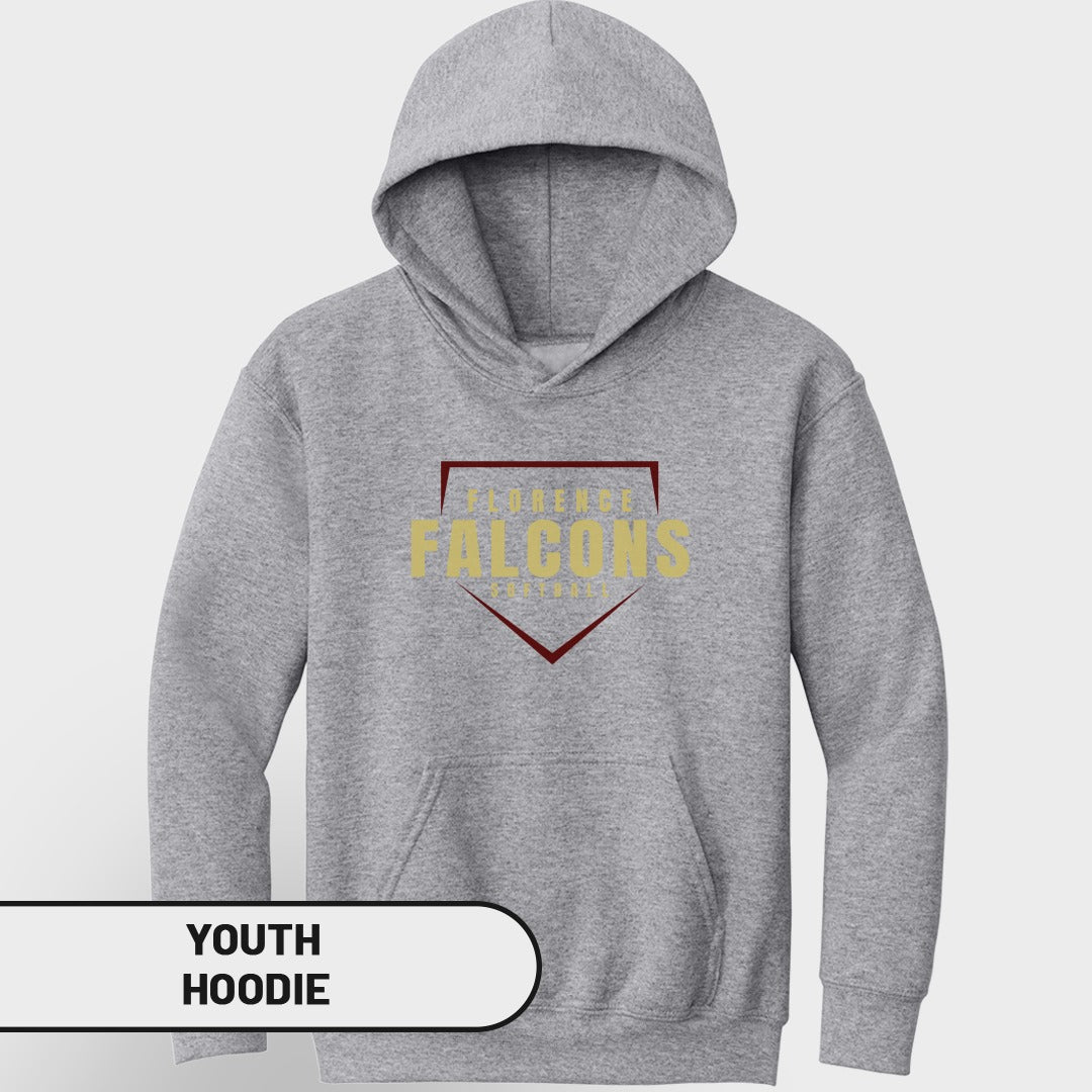 Grey youth hoodie with "Florence Falcons" text on a maroon baseball diamond design.