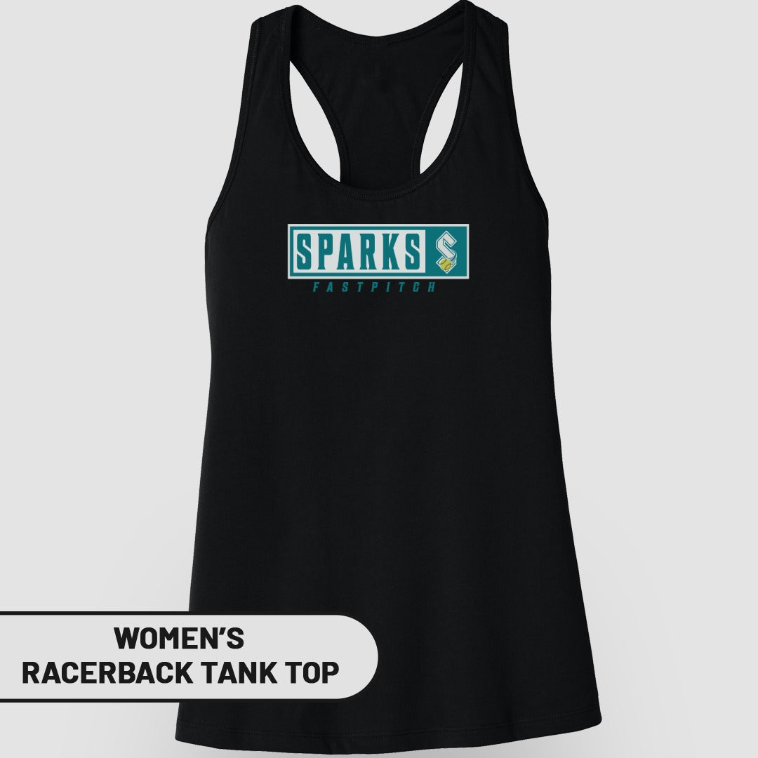 Black women's racerback tank top with "SPARKS FASTPITCH" logo.