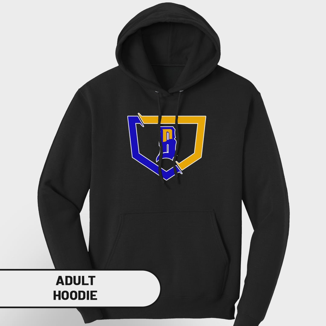 Black adult hoodie with blue and yellow baseball diamond logo.