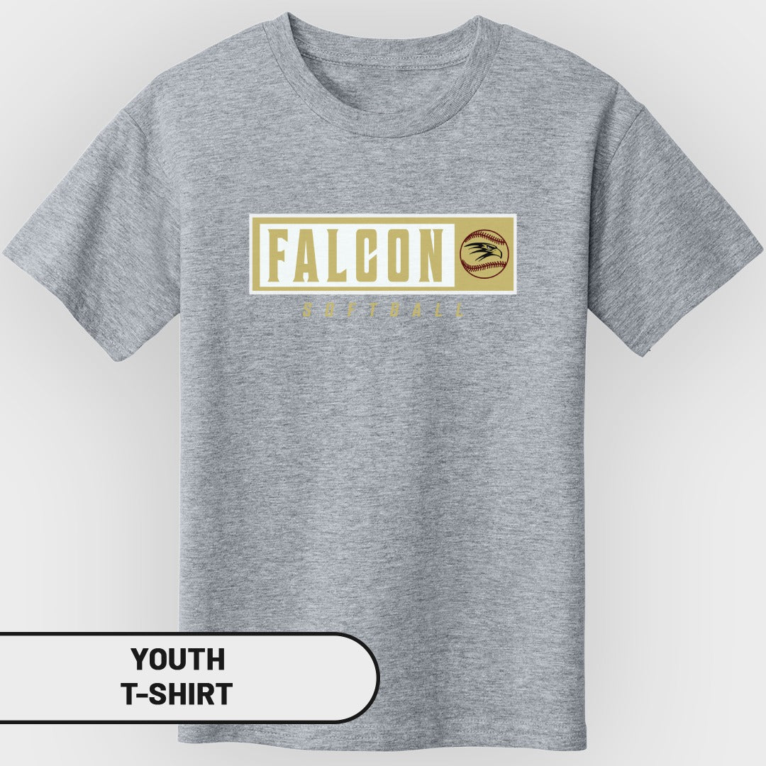 Grey youth t-shirt with "FALCON SOFTBALL" text and falcon logo.