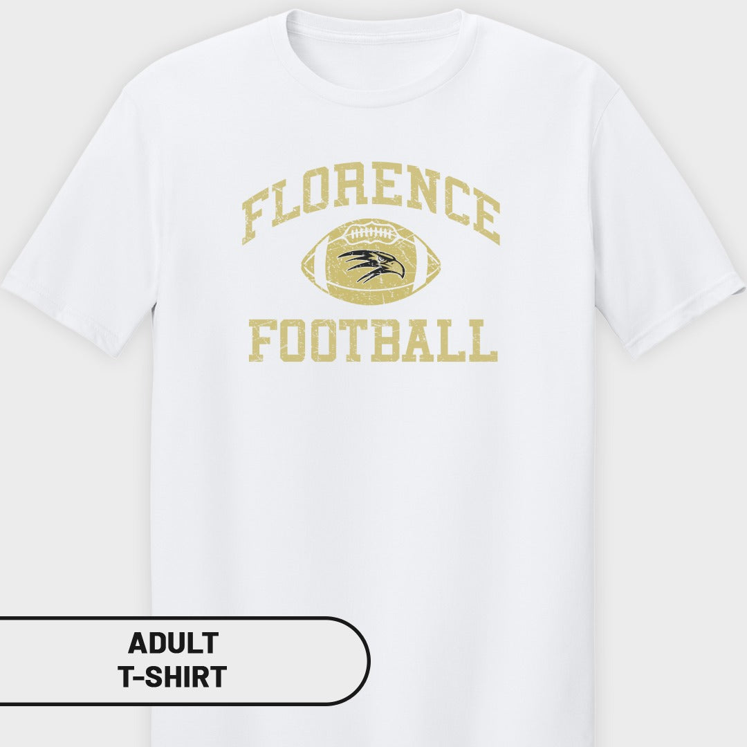 White t-shirt with "Florence Football" text and a football graphic.