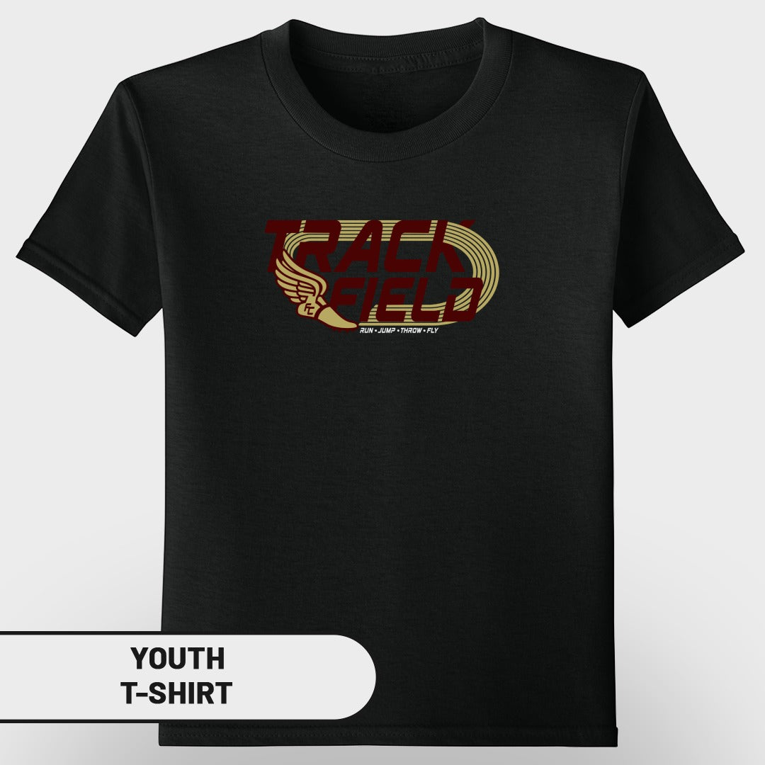 Youth black t-shirt with "Track Field" text and winged emblem.