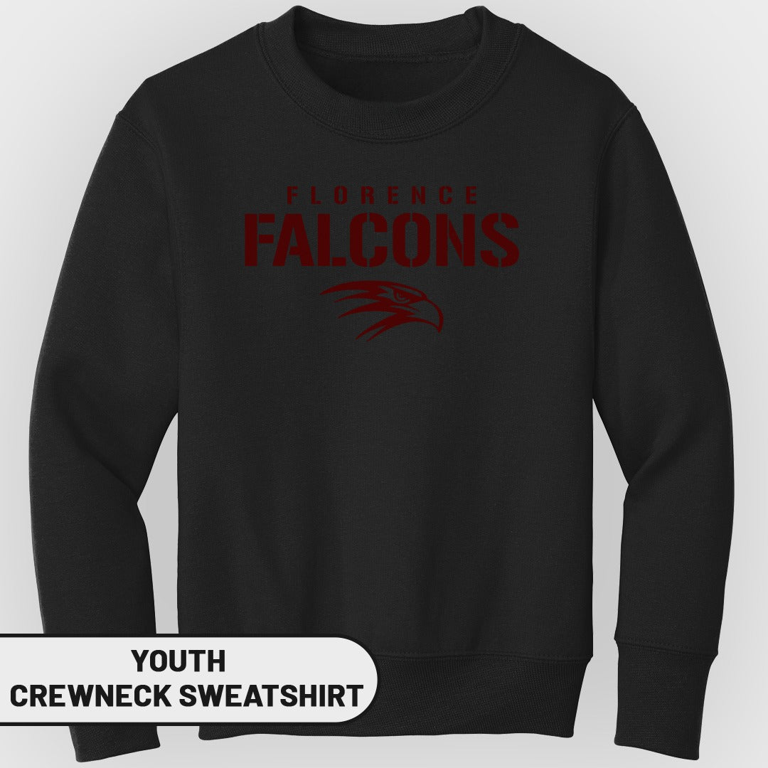 Youth black crewneck sweatshirt with red Florence Falcons logo and hawk graphic.
