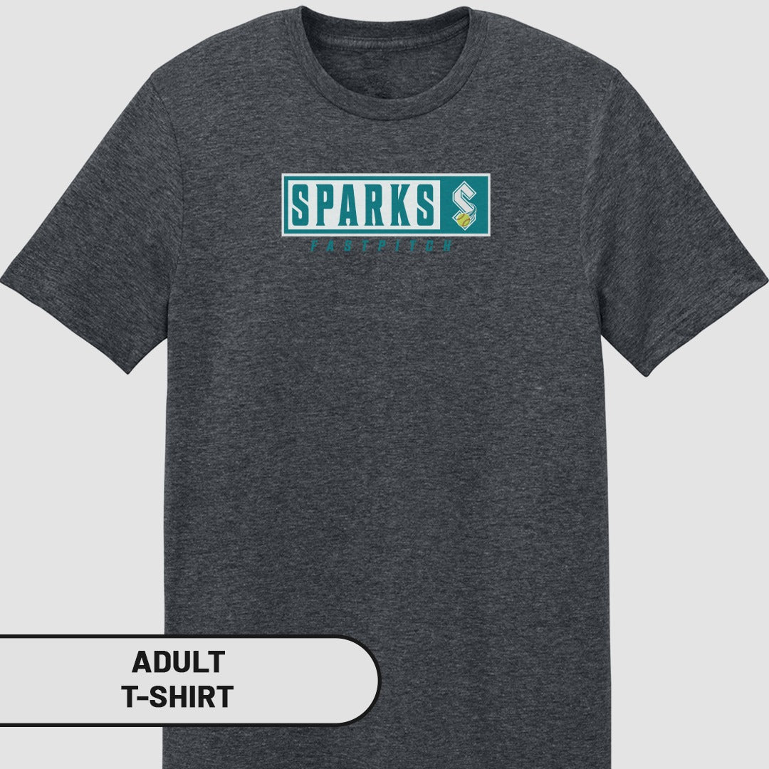 Dark grey adult t-shirt with teal Sparks logo and text.