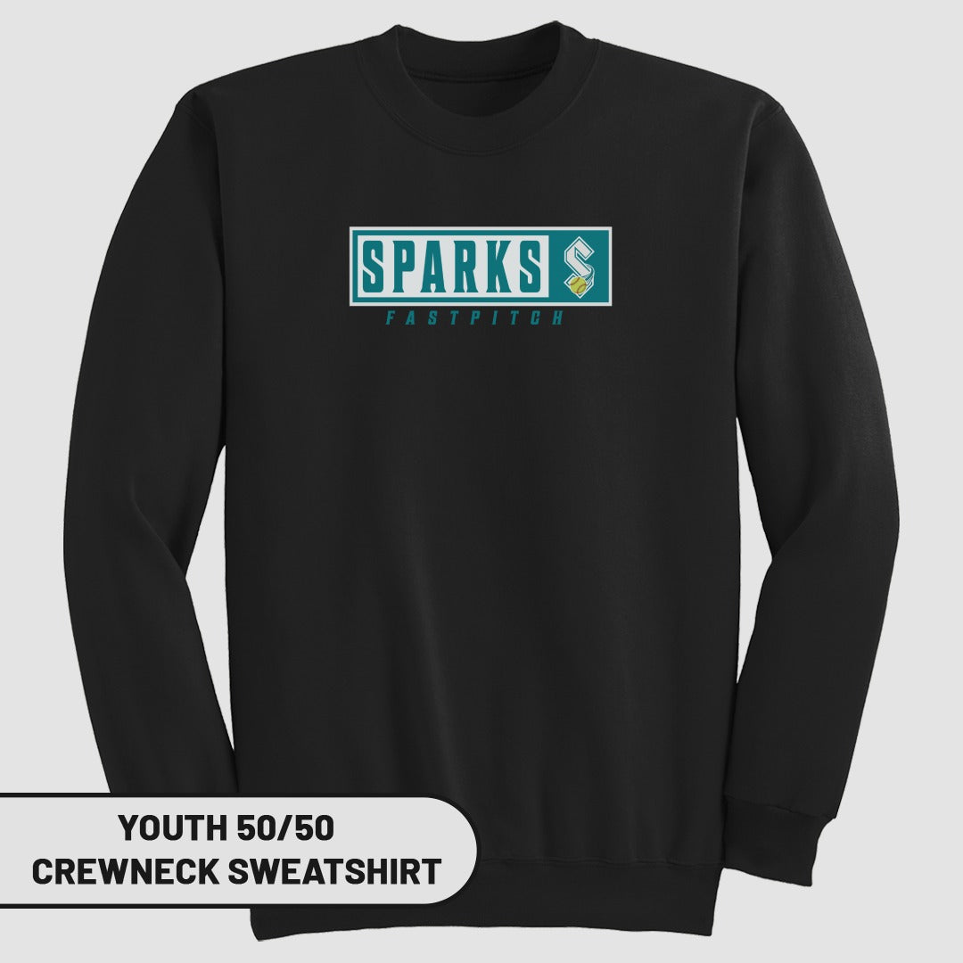 Black youth crewneck sweatshirt with "Sparks Fastpitch" logo.