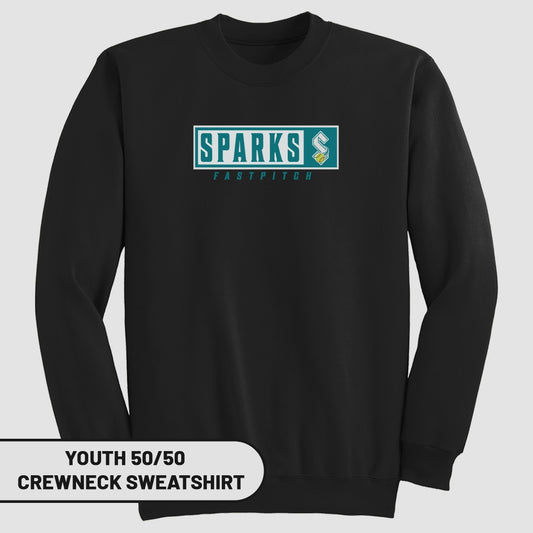 Black youth crewneck sweatshirt with "Sparks Fastpitch" logo.