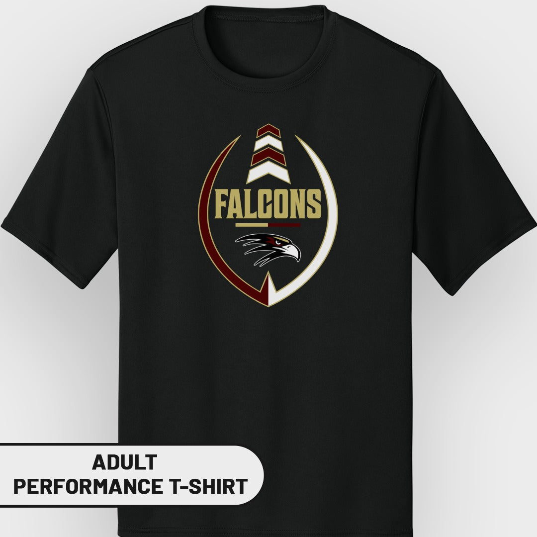 Black adult performance t-shirt with a Falcons logo and eagle head graphic.