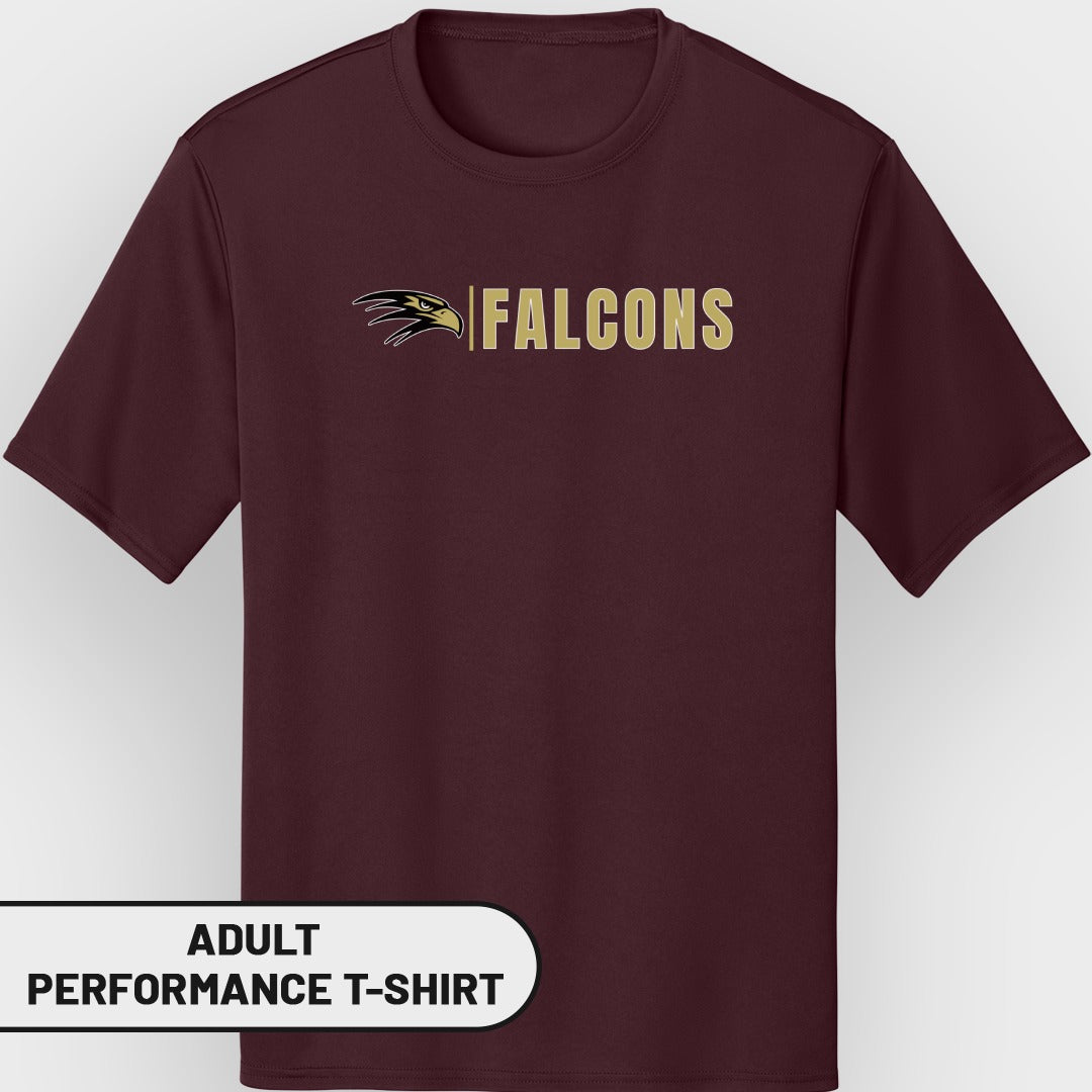 Maroon adult performance t-shirt with gold "FALCONS" text and hawk logo.