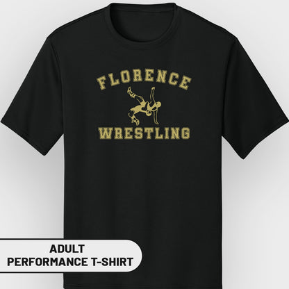 Black t-shirt with "Florence Wrestling" text and wrestler graphic.