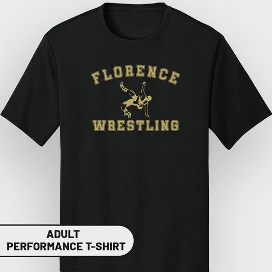 Black t-shirt with "Florence Wrestling" text and wrestler graphic.