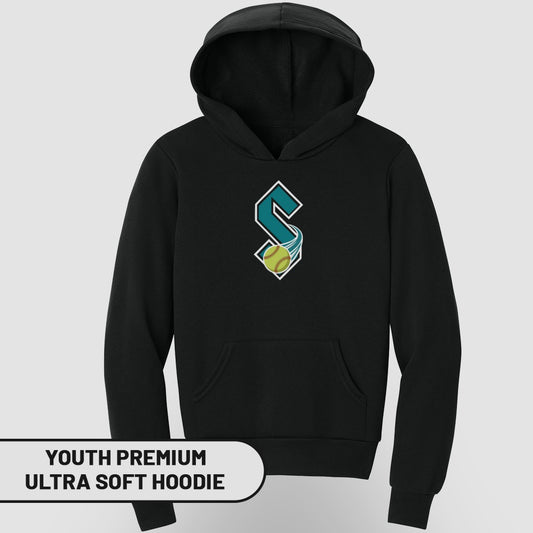 Black youth hoodie with teal "S" logo and softball.