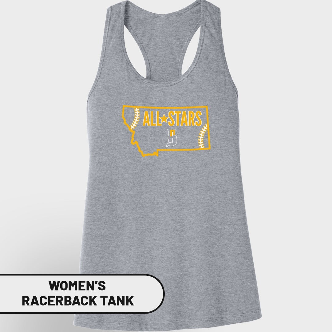 Gray women's racerback tank with "All Stars" baseball design.