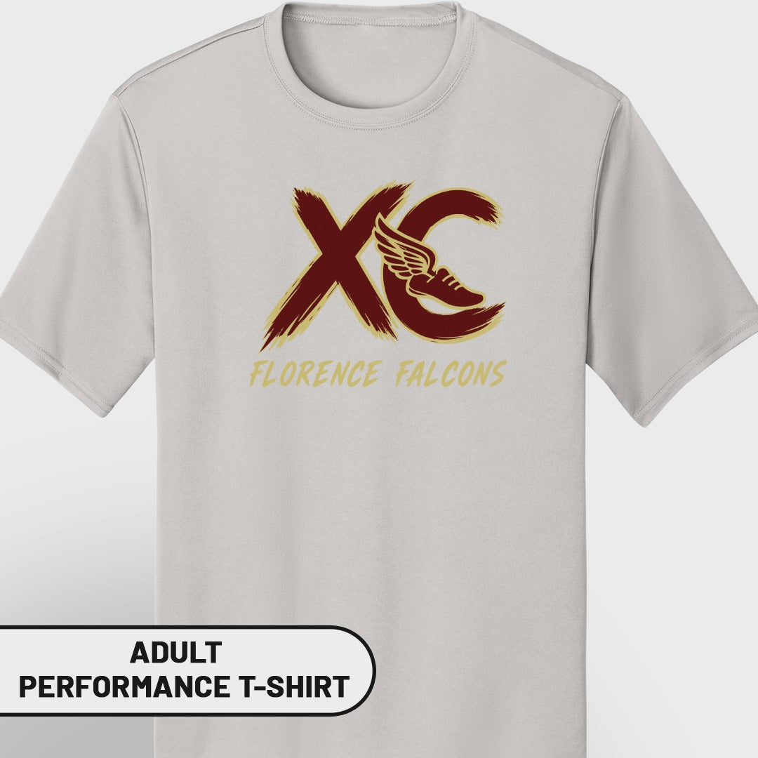Light gray adult performance t-shirt with "XC Florence Falcons" logo.