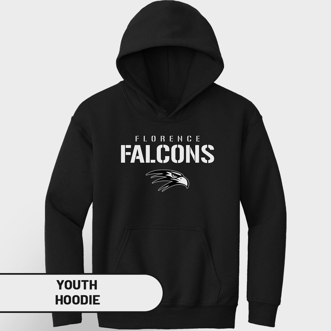 Black youth hoodie with Florence Falcons logo and text.