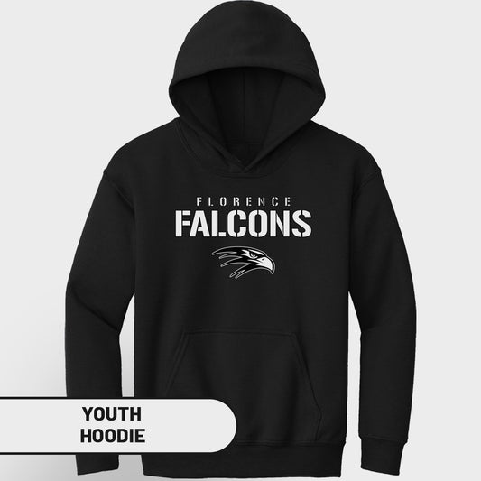 Black youth hoodie with Florence Falcons logo and text.