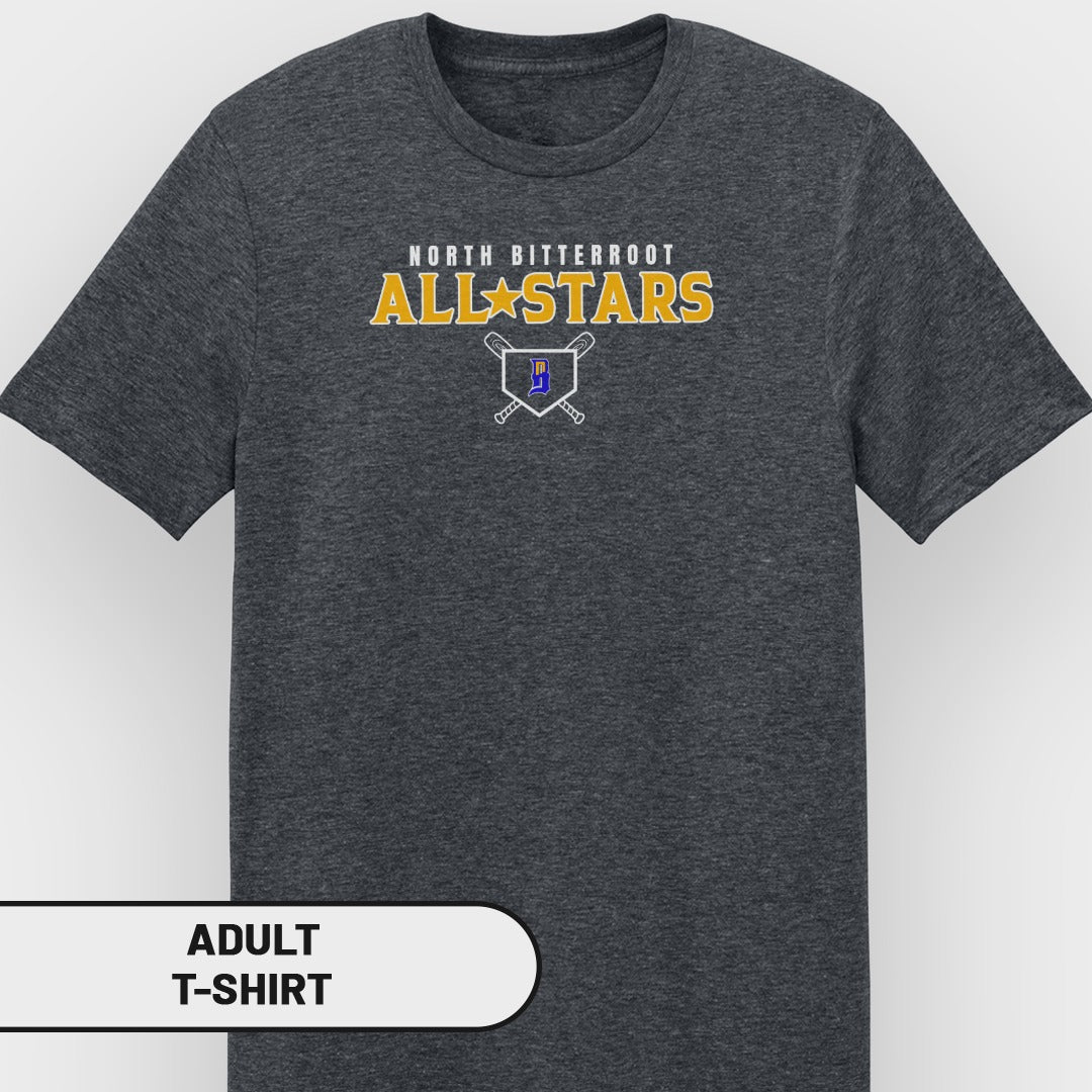 Dark gray adult t-shirt with "North Bitterroot All-Stars" and crossed baseball bats.