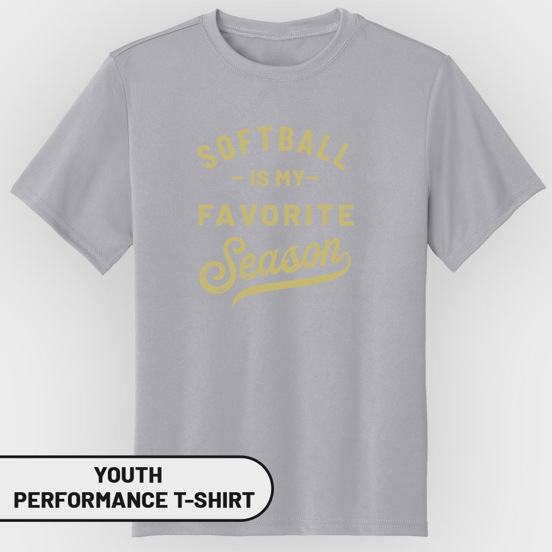 Youth performance t-shirt with yellow text "Softball is my favorite season."
