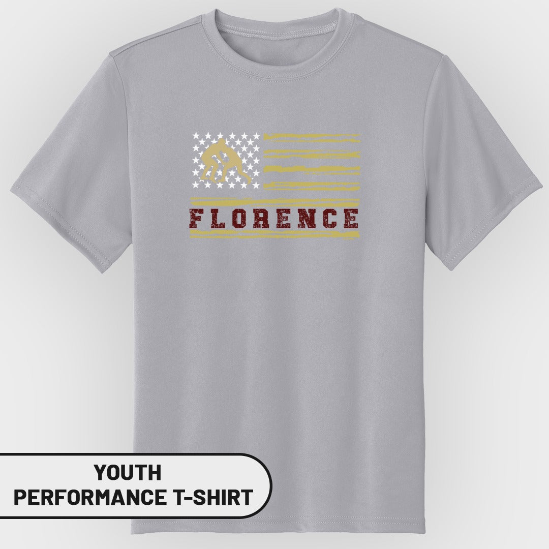 Youth performance t-shirt with Bigfoot silhouette on distressed American flag and "FLORENCE" text.