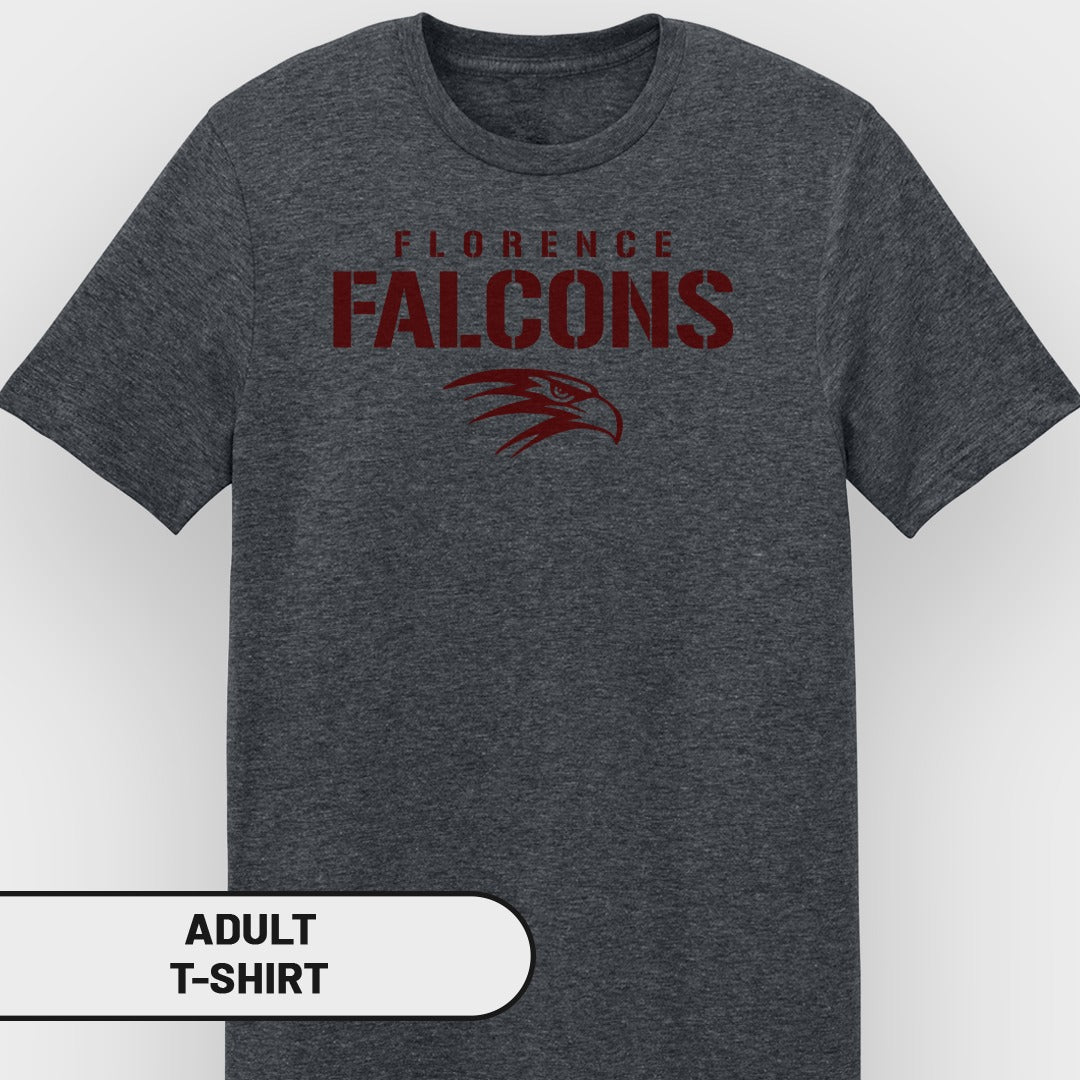 Dark grey adult t-shirt with "Florence Falcons" and eagle logo in maroon.