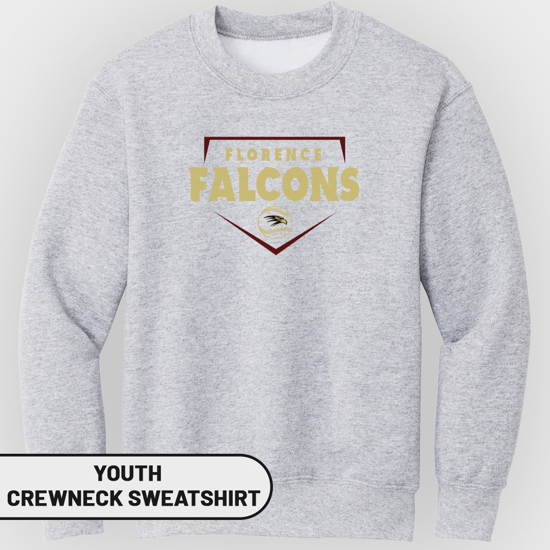 Light grey youth crewneck sweatshirt with "FLORENCE FALCONS" logo.