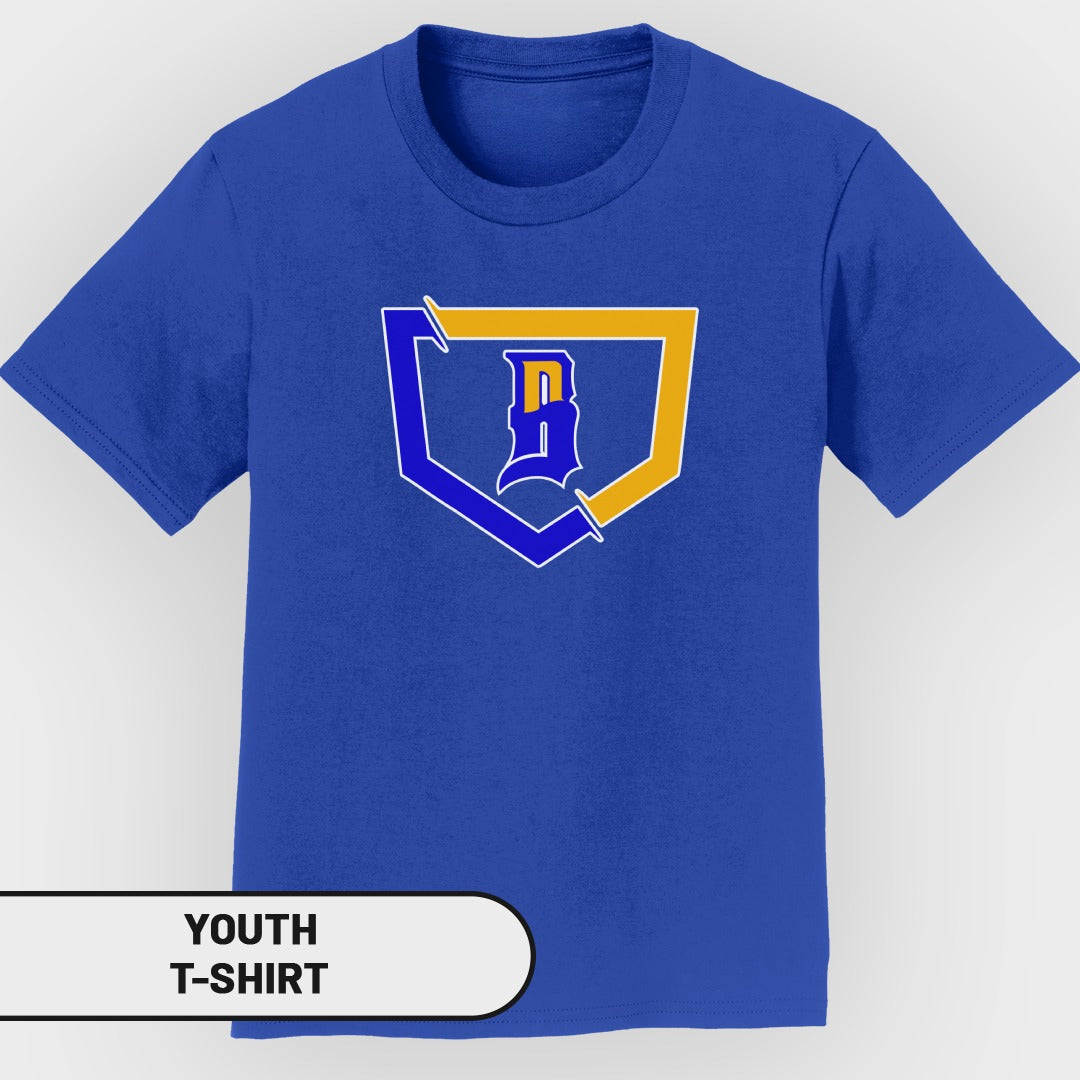 Youth blue t-shirt with yellow and blue shield logo.