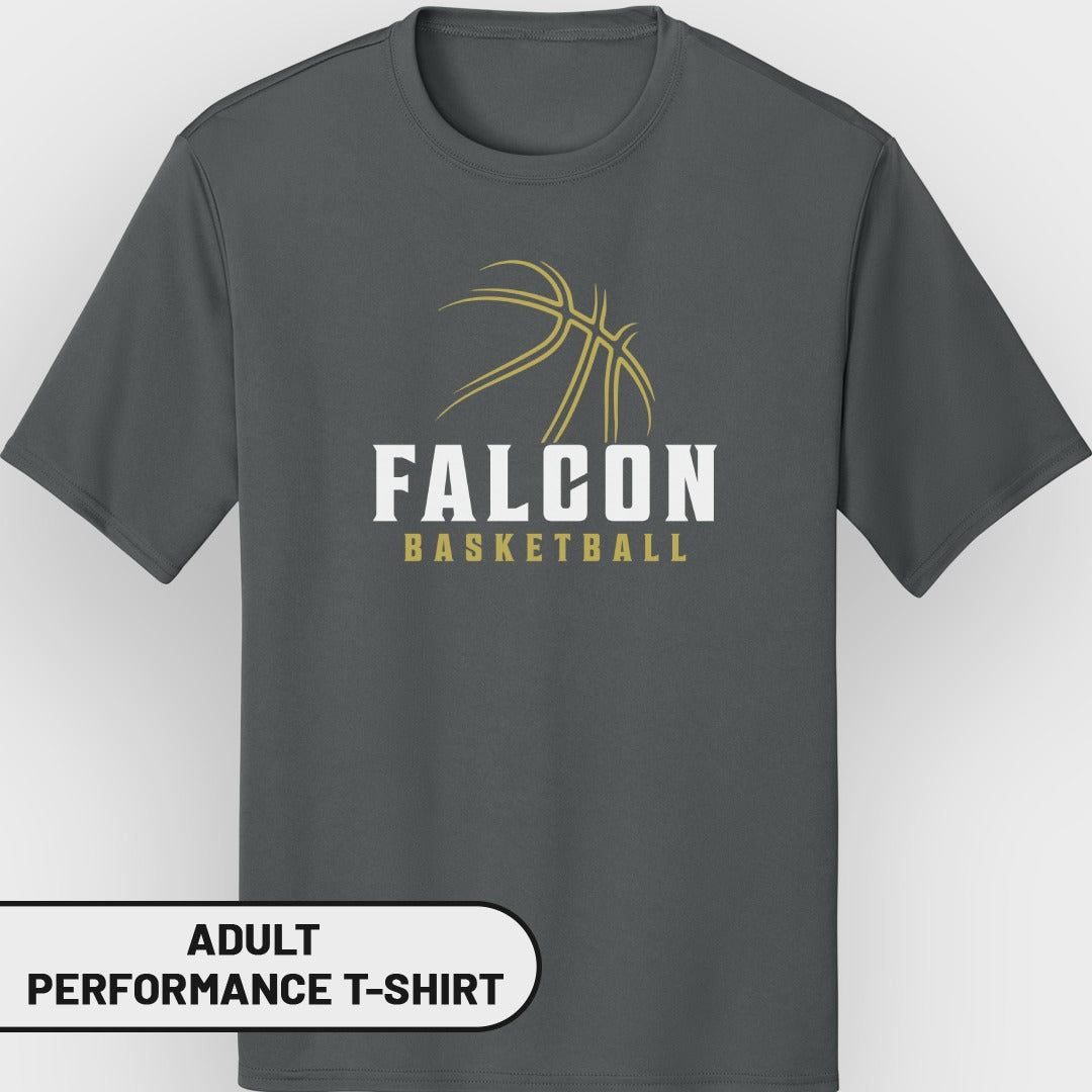 Dark grey adult performance t-shirt with "FALCON BASKETBALL" and a basketball graphic.