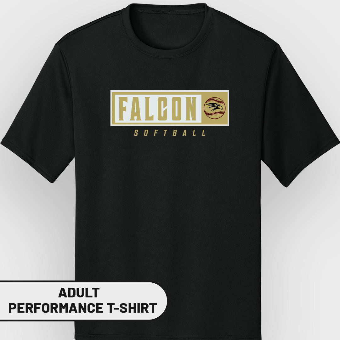 Black adult performance t-shirt with "FALCON SOFTBALL" and softball graphic.
