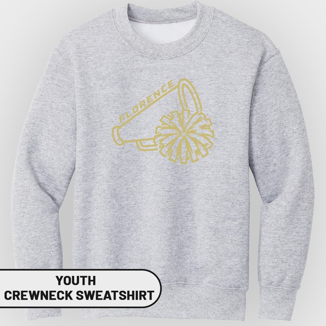 Youth crewneck sweatshirt with gold megaphone and pom-pom graphic and "FLORENCE" text.
