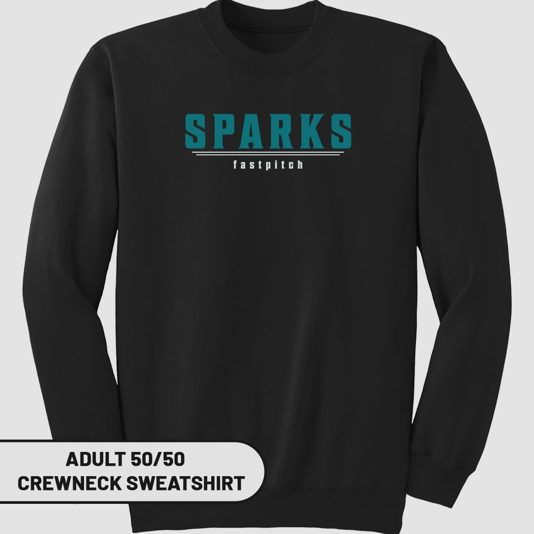 Black crewneck sweatshirt with "SPARKS fastpitch" logo.