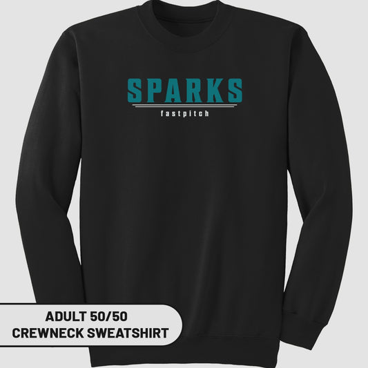 Black crewneck sweatshirt with "SPARKS fastpitch" logo.