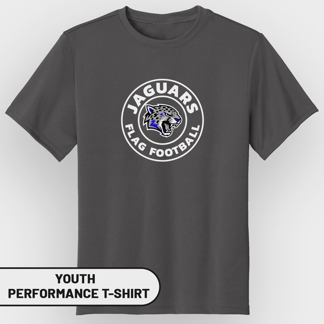 Youth performance t-shirt with Jaguars flag football logo on dark grey.